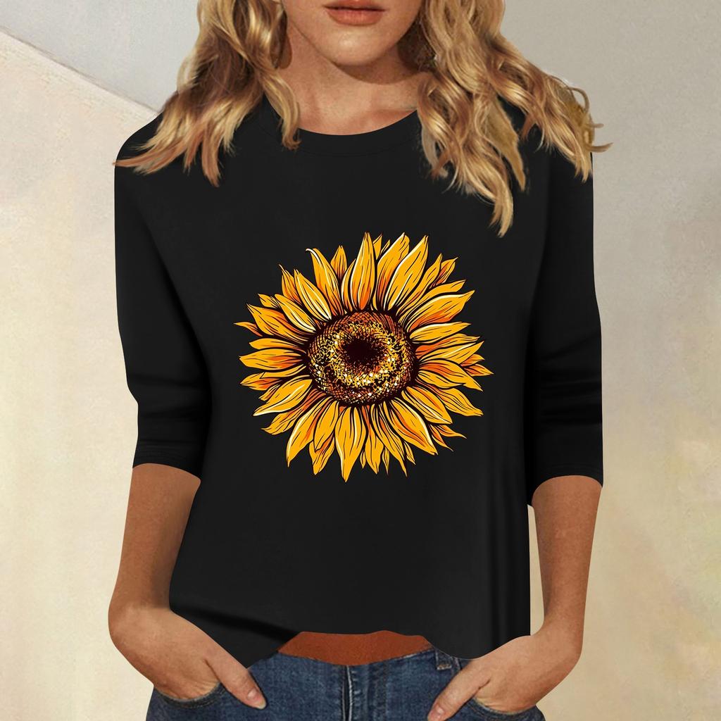 Женская мода повседневный принтованный топ с семью рукавами и круглым вырезом