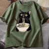 Cotton Noodle Ramen Cat T Shirt Foodie Lover T Shirts Black Cat  T-Shirts Retro Casual Short Sleeve Tshirt Unisex Women Clothes