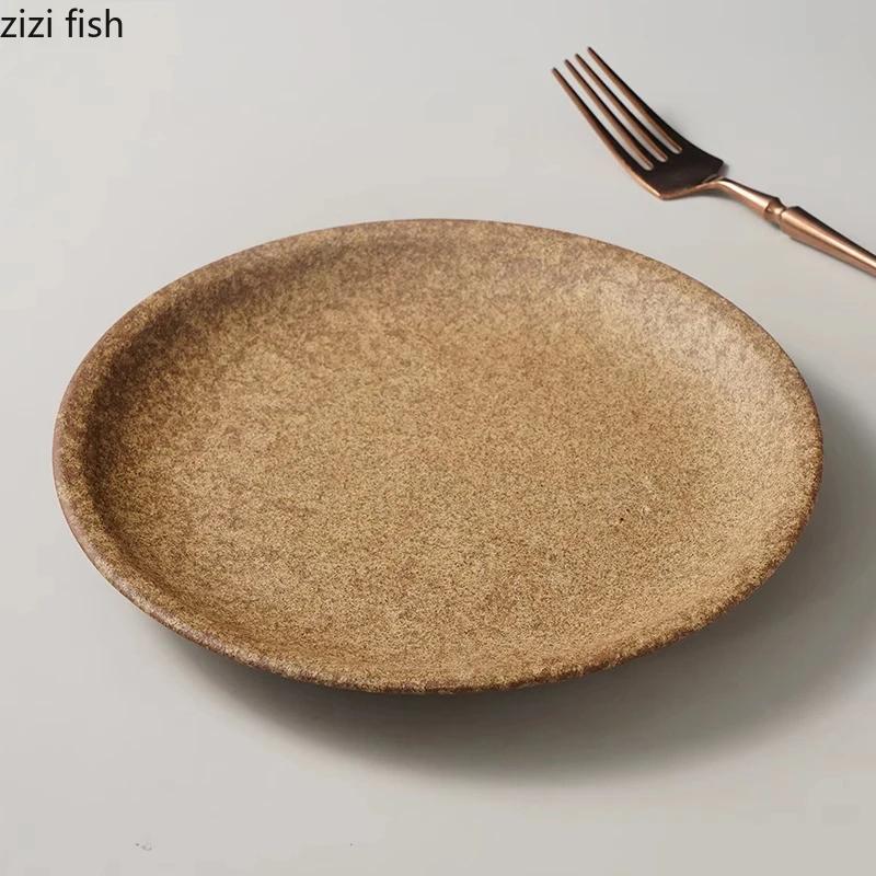 Vintage Frosted Brown Ceramic Plate Restaurant Round Steak Plate Pasta Plate Dessert Plates Snack Plates  Creative Salad Plates