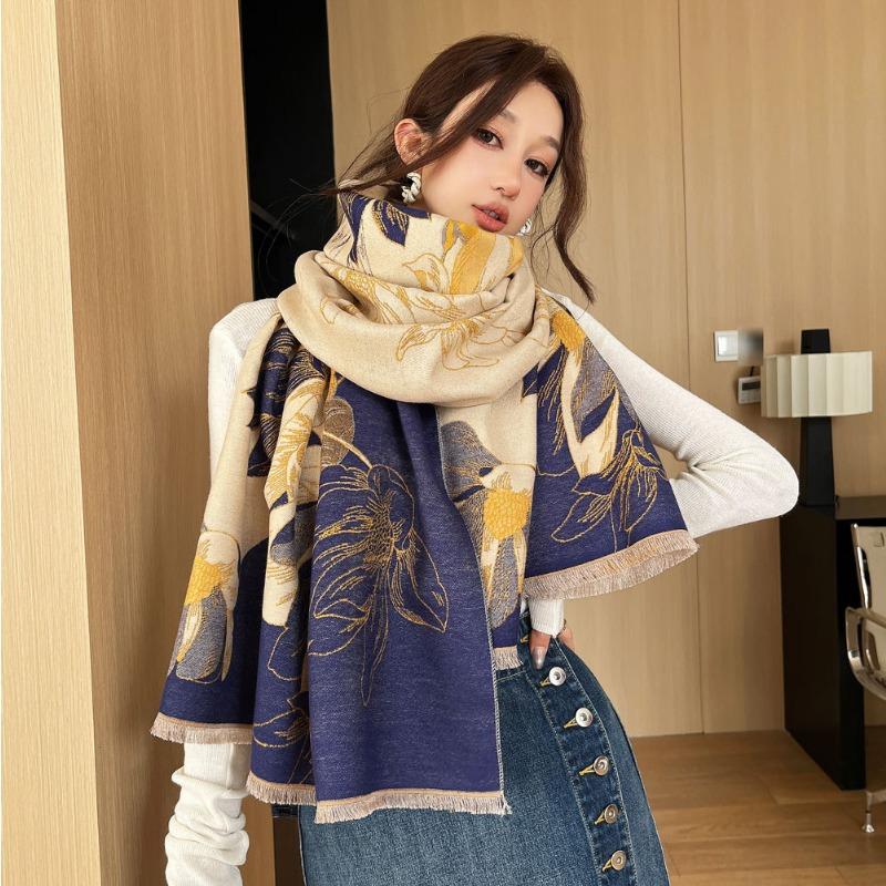 New Magnolia Floral Jacquard Thickened Scarf Women's Autumn and Winter Versatile Imitation Cashmere Shawl Windproof Warm Scarf