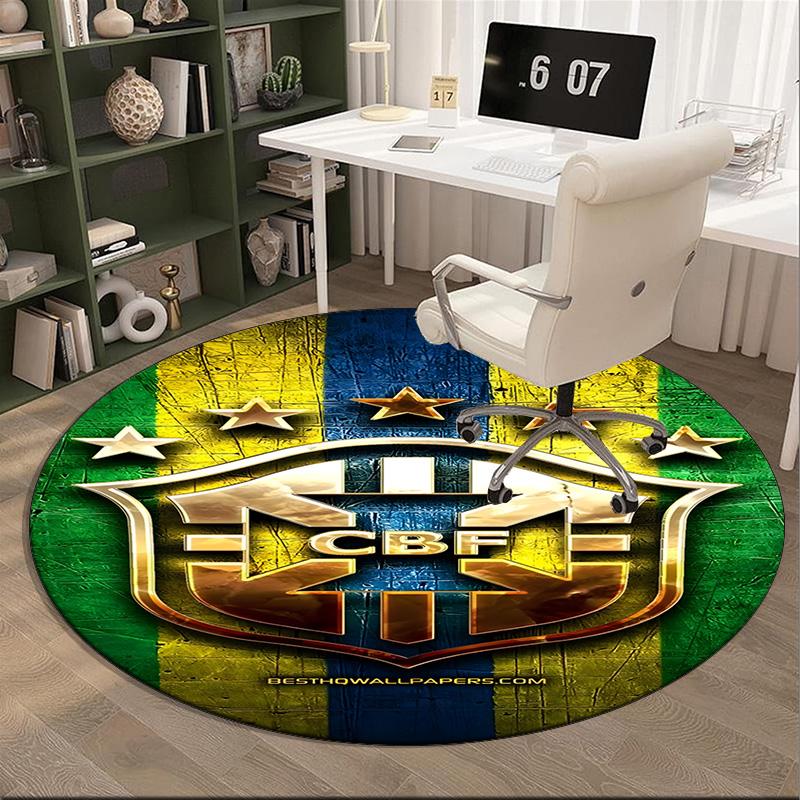 1PC round rug Brazilian Football Crest Printed Round Area Rug ,Rug For Home Office, Round Chair Rug, Decorative Carpet Fan gifts Christmas gift