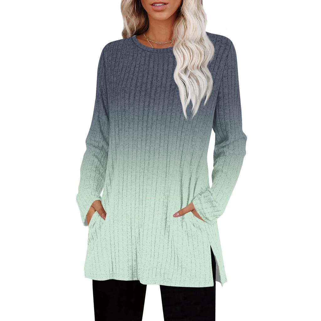 Womens Sweaters Crewneck Long Sleeve Shirts With Pockets Fall Outfits  Fashion Winter Clothing Side Slit