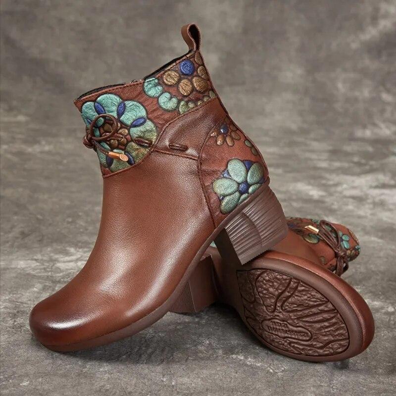 Johnature Зимние теплые короткие сапоги, непромокаемая женская обувь из натуральной кожи в этническом стиле на толстом каблуке и мягкой подошве