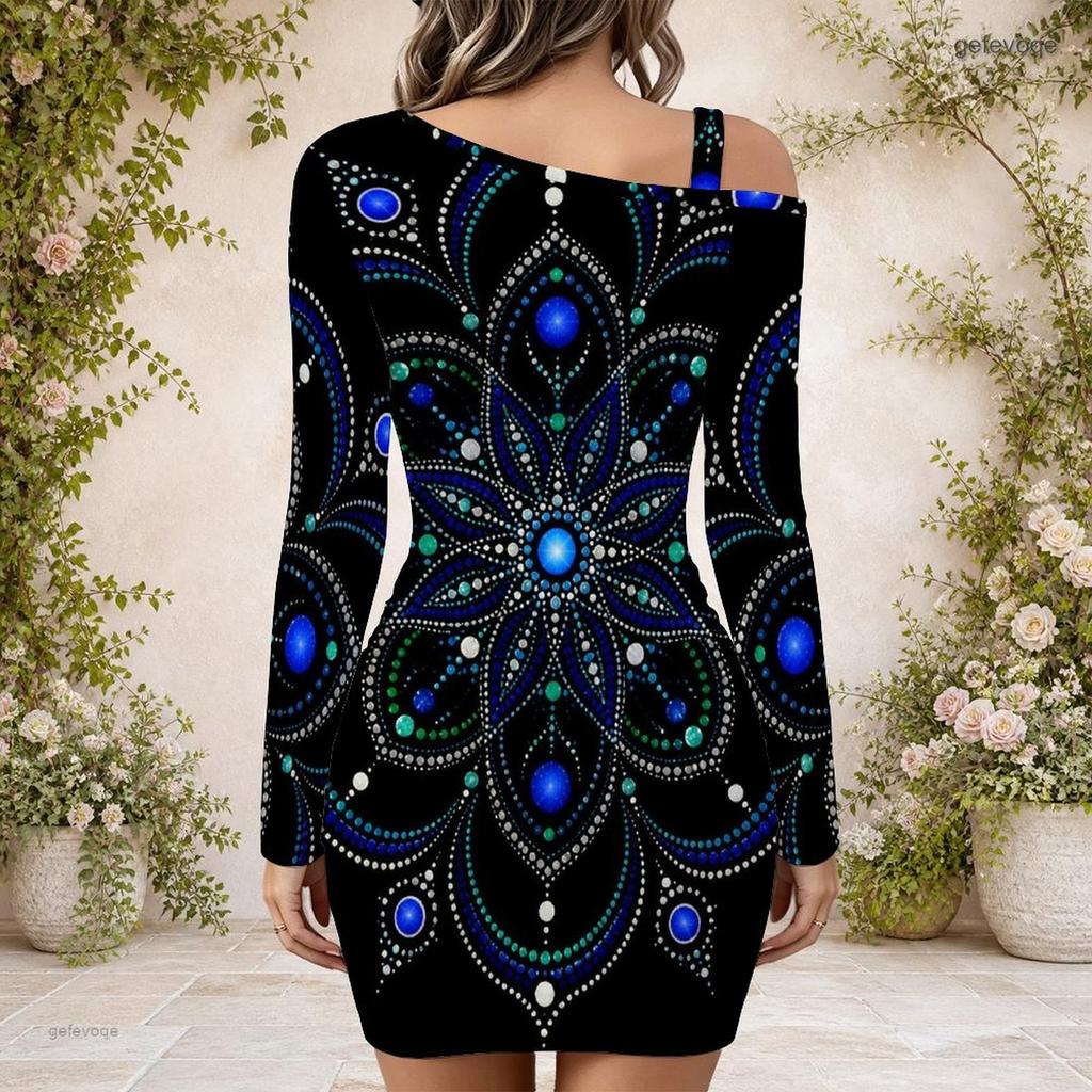 Women Plus Size One Shoulder Long Sleeve Printed Bodycon Mini Dress Black Blue Green