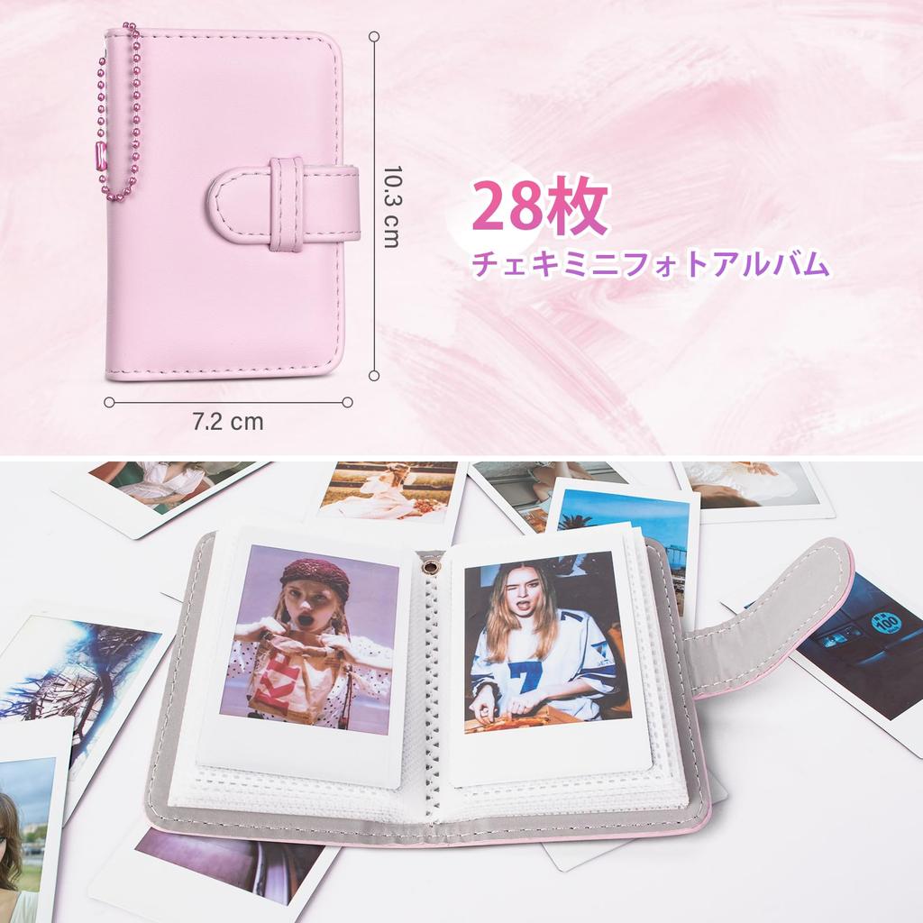 HIYQIN Cheki Case instax mini 12 Fujifilm Cheki 12 Case and 28 Photo Album Set Cheki mini 12 Camera Case with Shoulder Strap PU Leather Pink "Cute