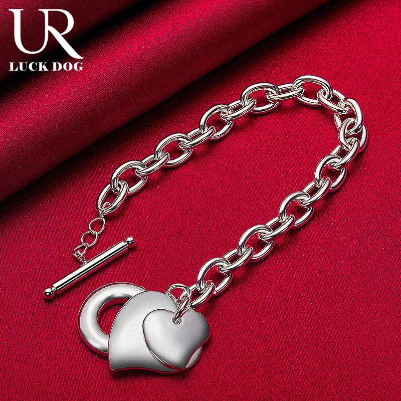 925 Sterling Silver Double Heart OT Buckle Pendant Bracelet Fashionable Wedding Jewelry