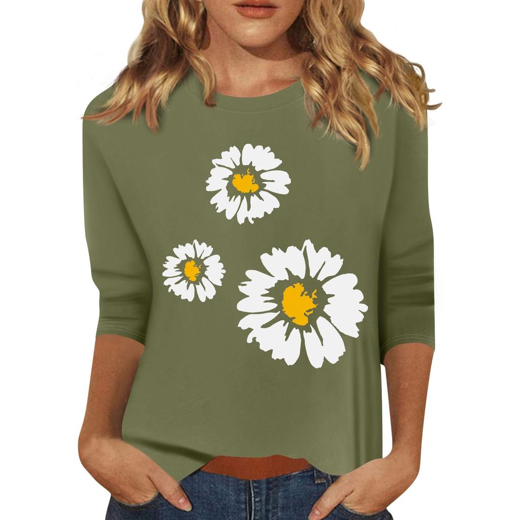 Women's Fashion Casual Printed Seven Sleeve Round Neck Top