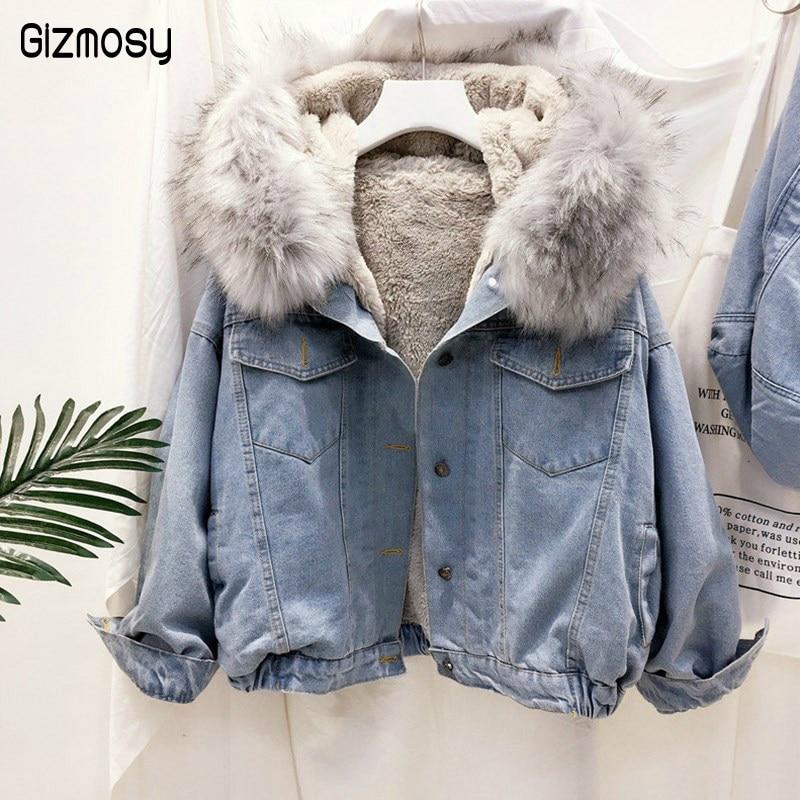 Big Faux Fur Collar Denim Jacket Women Winter Hooded Warm Jean Jacket Student Basic Short Parkas Female Bomber Coat