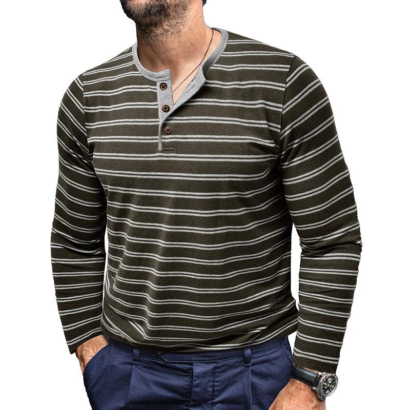 Casual Versatile Men's Autumn and Winter Long-sleeved T-shirt Fashionable Men's Striped Henry Shirt Three-button Top