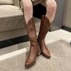 Fashion Women Boots Middle Heel Cowboy Chelsea Western Botas Pu Leather Retro Rivet Gothic Ladies Shoes Vintage Brown Knee High Boot
