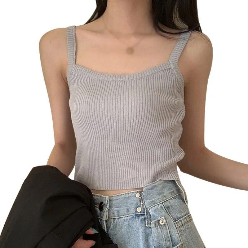 Женский однотонный пуловер без рукавов с квадратным воротником, вязаная укороченная майка