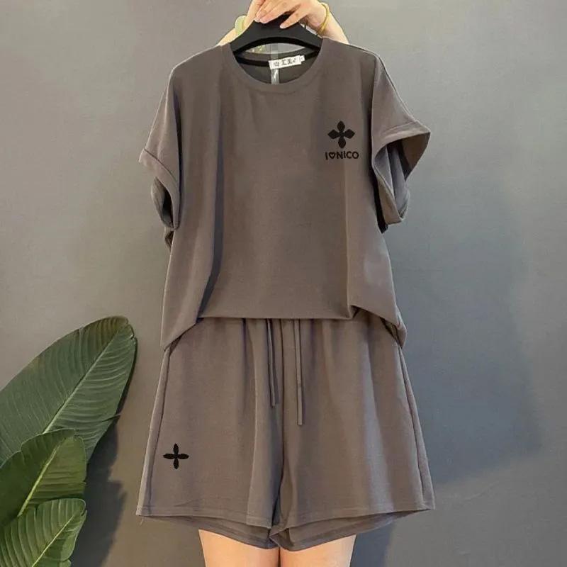 Костюм женский большого размера хлопковая футболка с капюшоном брюки из двух частей удобный топ с короткими рукавами и длинные брюки костюм из 2 предметов