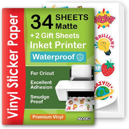 Премиальная самоклеящаяся виниловая бумага для печати на струйном принтере - 34 листа Самоклеящиеся листы Матовый белый Водонепроницаемый, Быстро сохнет Яркие цвета, Держится