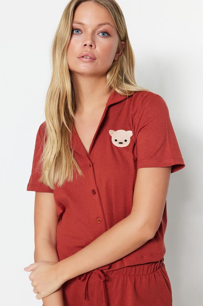 Women's Fashion New Pajama Set Cinnamon 100% Cotton Teddy Bear Embroidered Shirt-Shorts Knitted Pajama Set