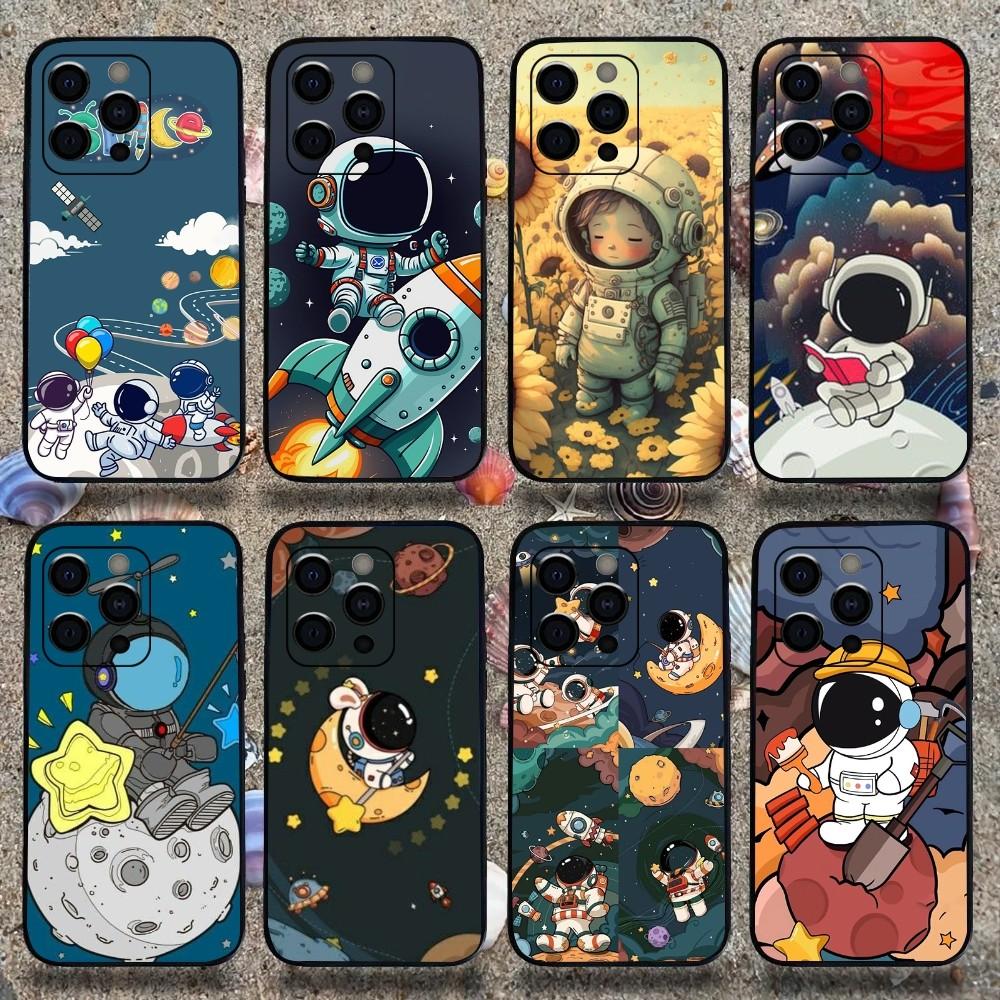 Милый чехол для телефона с астронавтом для Apple iPhone 15,14,13,12,11,Pro,X,XS,Max,XR,Plus,Mini Мягкий черный корпус