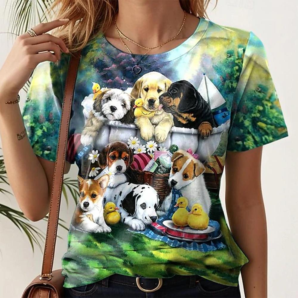 Новая женская повседневная футболка с коротким рукавом, летняя блузка с 3D цветочным принтом, футболка с круглым вырезом и коротким рукавом