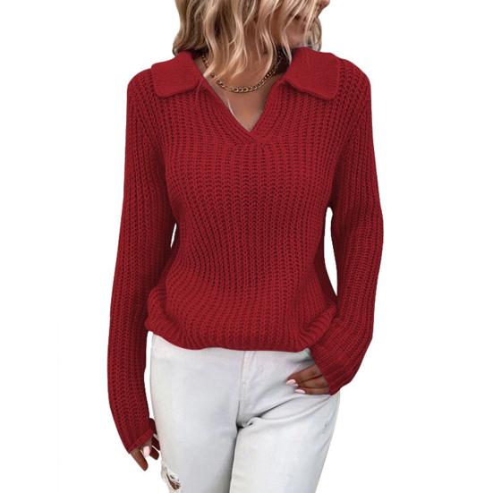 V Neck Turn-Down Collar Long Sleeve Knitted Sweater Autumn Winter Solid Color Slim Sweater Jumper Female Clothing