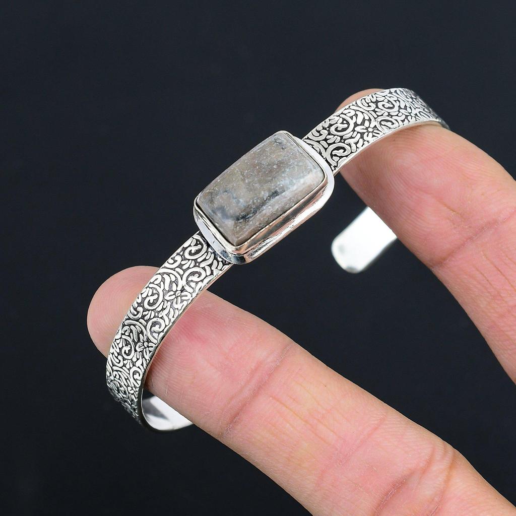 Natural Spider Web Jasper Gemstone 925 Silver Bangle Adjustable For Girls