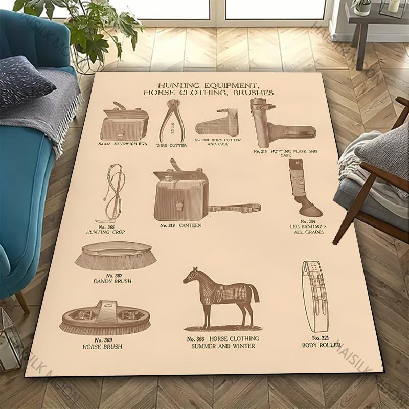 Винтажный Ковер с Принтом Упряжи и Аксессуаров для Лошадей для Гостиной, Спальни, Офиса - Идеальный Подарок для Любителей Лошадей и Конного Спорта