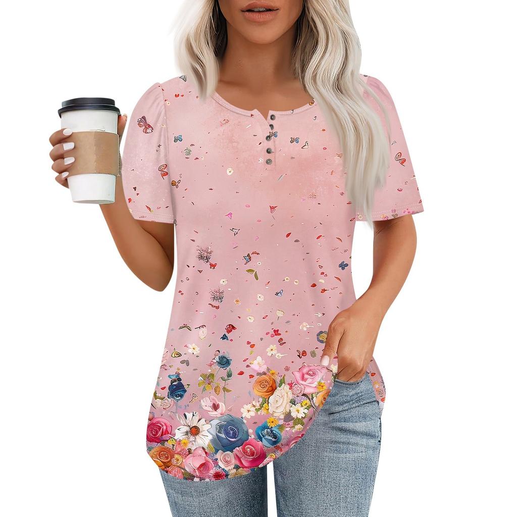 Женский модный повседневный короткий рукав пуловер с принтом на пуговицах и круглым вырезом