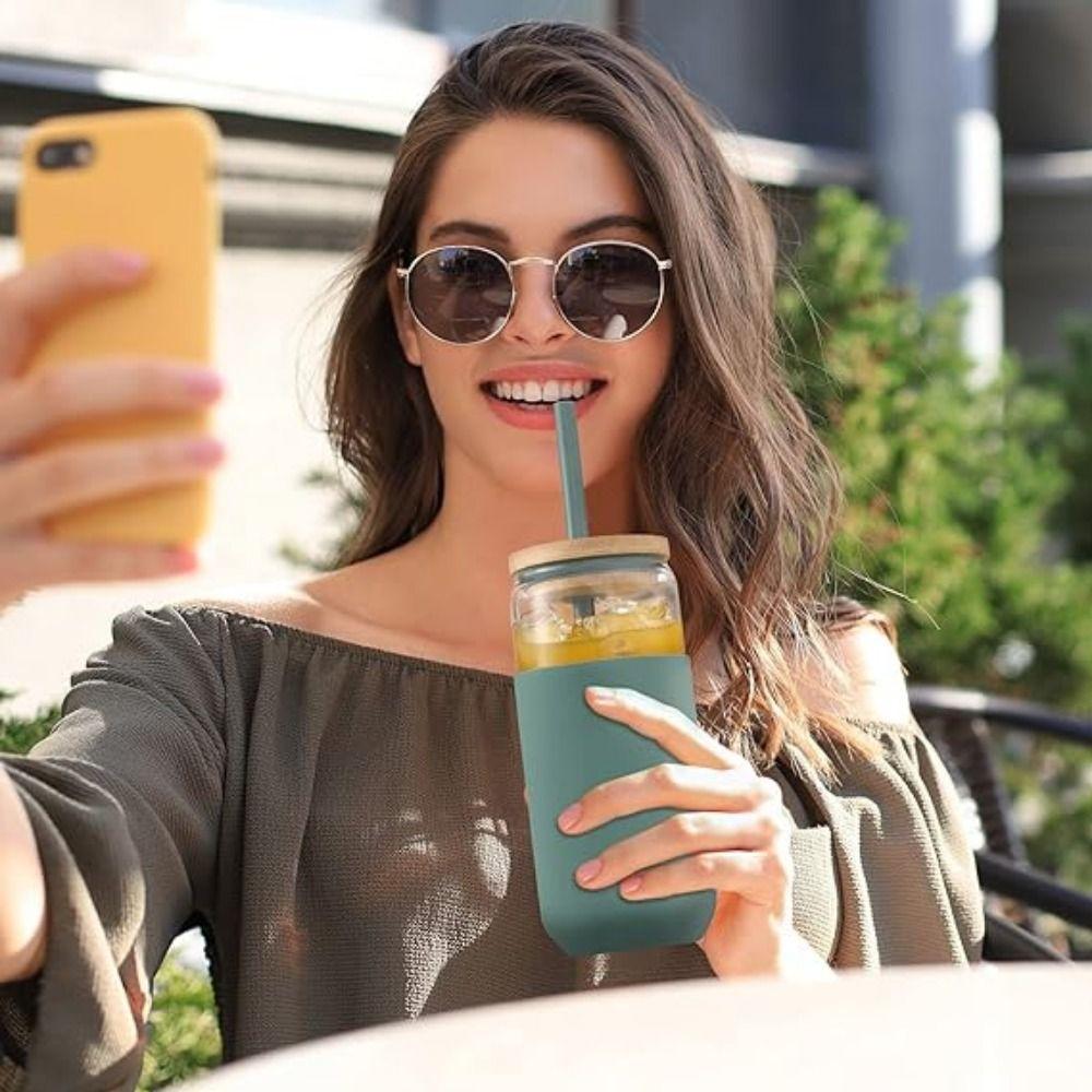 Silicone Water Drinking Tumbler Bamboo Lid Milk Mocha Cups Glass Cup With Lid and Straw Juices