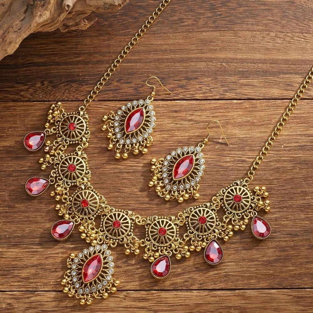 Bohemia Style Rhinestone Jewelry Set Metal Ethnic Style Necklace Set Necklace Earrings Set Banquet