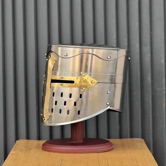 Crusader Knight Helmet with Stand Polished Steel Brass, Wearable Armor Home Office Decor Gift