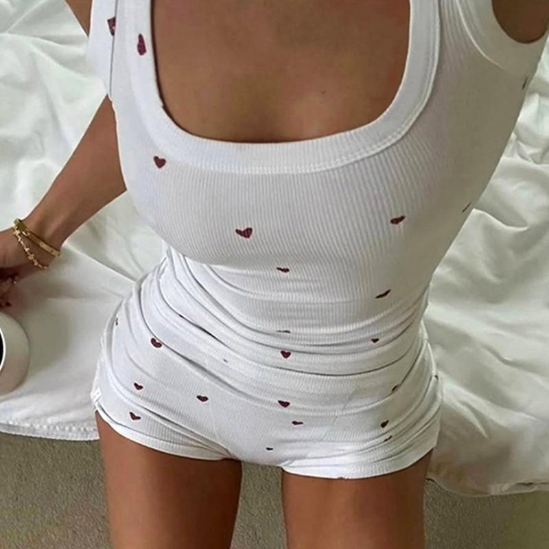 1 Set Round Neck Machine Washable Vest and Shorts Sets Comfortable Nightgown Sleepwear No Lining Sleeveless Cute Black/White