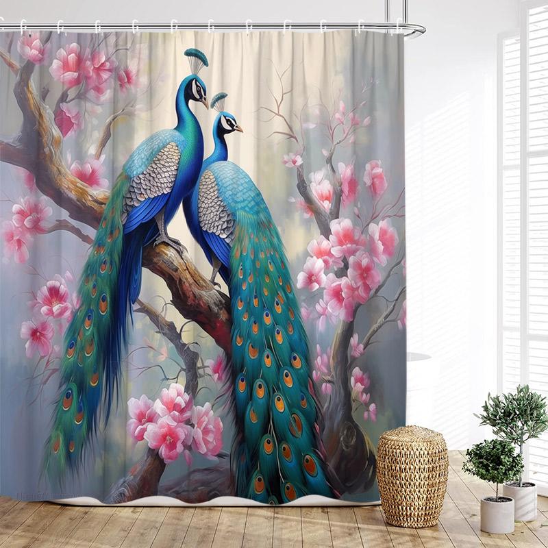 Blue Peacocks Shower Curtains Forest Trees Plants Flowers Waterfall Scenery Polyester Fabric Bathroom Curtain Decor With Hooks