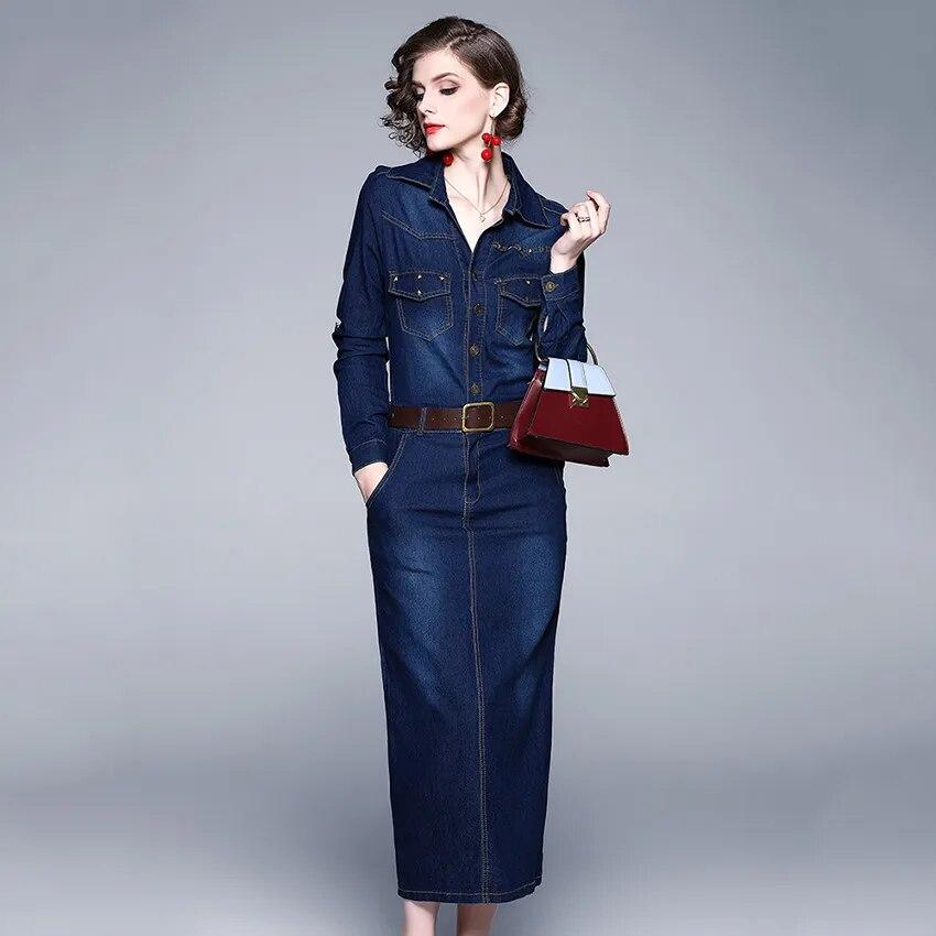 2024 Robe Jeans Dress Women Button Pocket Rivet Vintage Casual Long Denim Dresses Ladies Slim Bodycon Dress Robe Femme