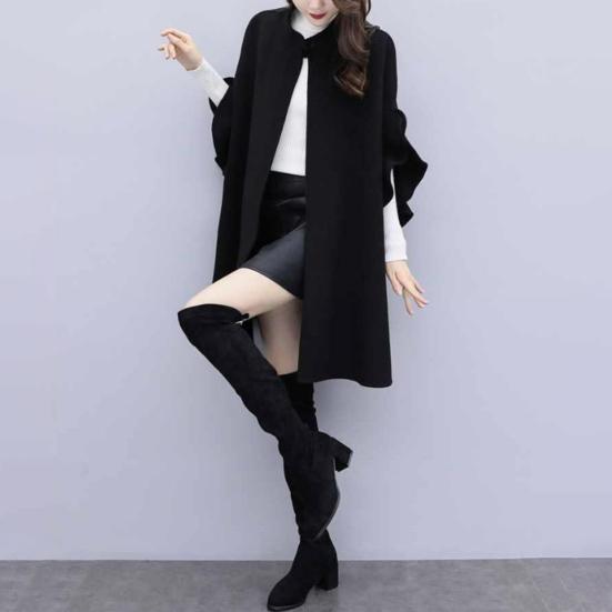 Женское зимнее пальто с рукавами-лепестками, воротником-стойкой, накидкой-трапецией, кардиганом средней длины с открытыми стежкам, шерстяным пальто для улицы, пончо