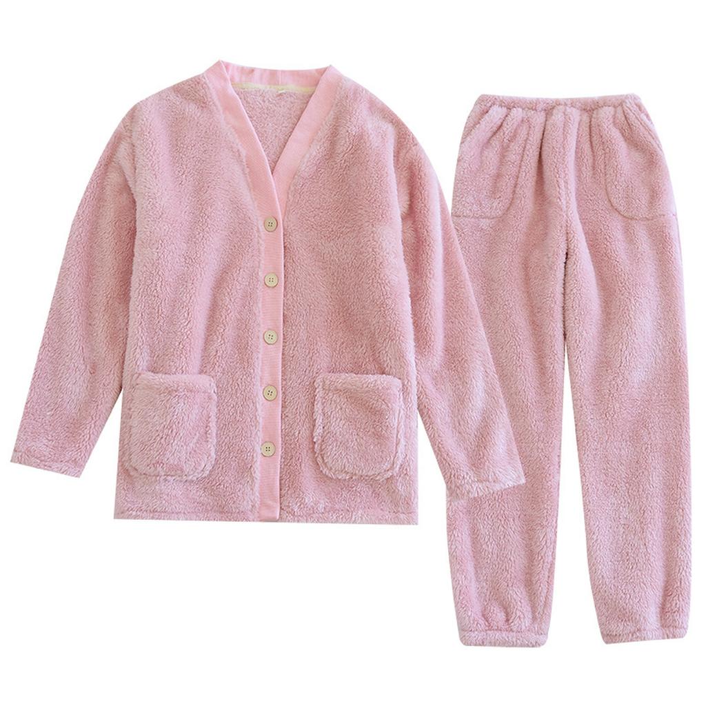 Ladies' Casual And Comfortable V-neck Warm And Plush Home Clothes Cardigan Sleepwear And Pants Set