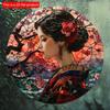 2d Flat 20*20cm, Round Wooden Wall Sign Poster, Vibrant Woman, Japanese Kimono Decorative Art, for Door Decor, Room Decor, Home Decor with Modern