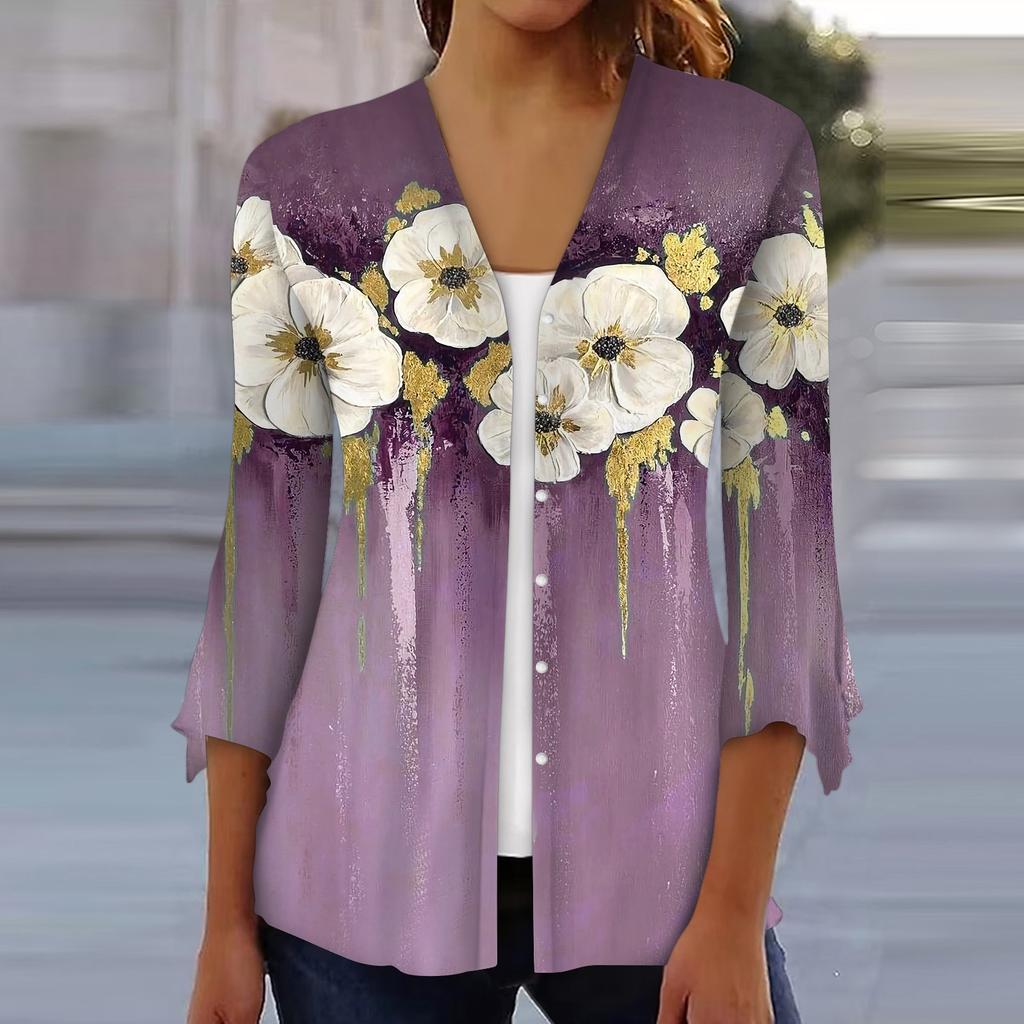 Рубашки с рукавом 3/4 для женщин, свободная футболка с принтом, топы с v-образным вырезом и рюшами на рукавах