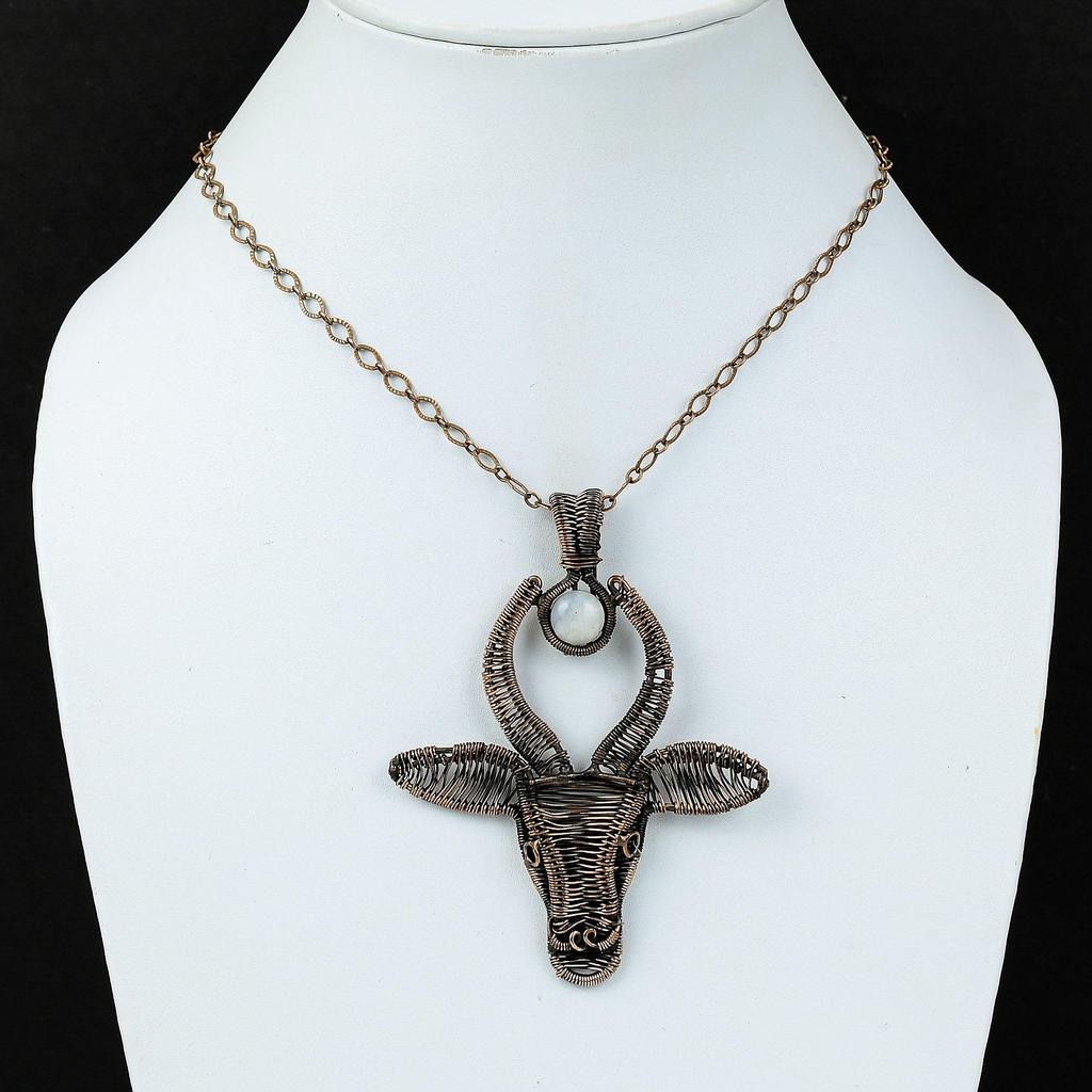 Подвеска Rainbow Moonstone, медная проволочная обертка, драгоценный камень, ювелирное изделие, кулон ручной работы, уникальное медное ювелирное изделие, кулон в виде головы быка, подарок для него