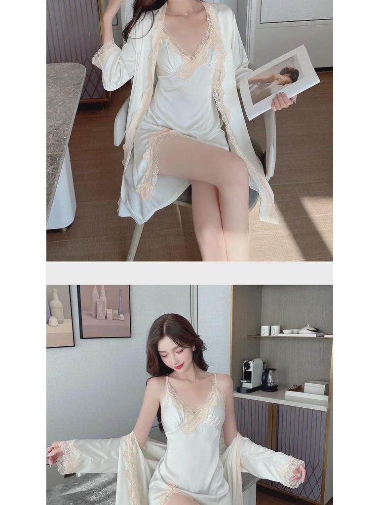 Пижамный комплект из кружева Ice Silk Deep V Backless для женщин