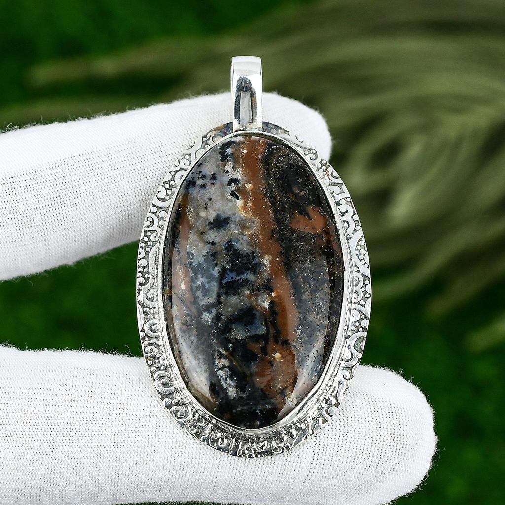 Oval Honey Dendrite Opal Stone Bezel Sister Art Deco Artisan Pendant 925 Silver