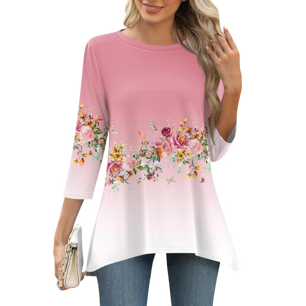 3/4 Sleeve Tunic Tops For Women Printed Daily Weekend Loose Fit Fashion Basic Round Neck T Shirt