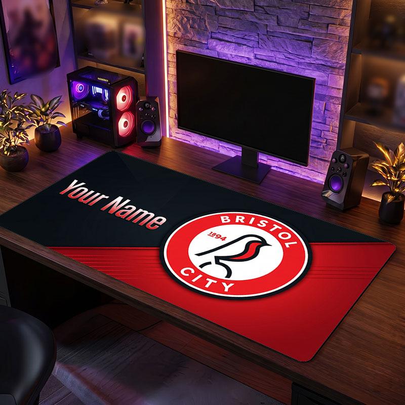 Bristol City Custom Large Mouse Pad, Personalized Name Text Print, Football Logo Non‑Slip Desk Mat Gaming Gift