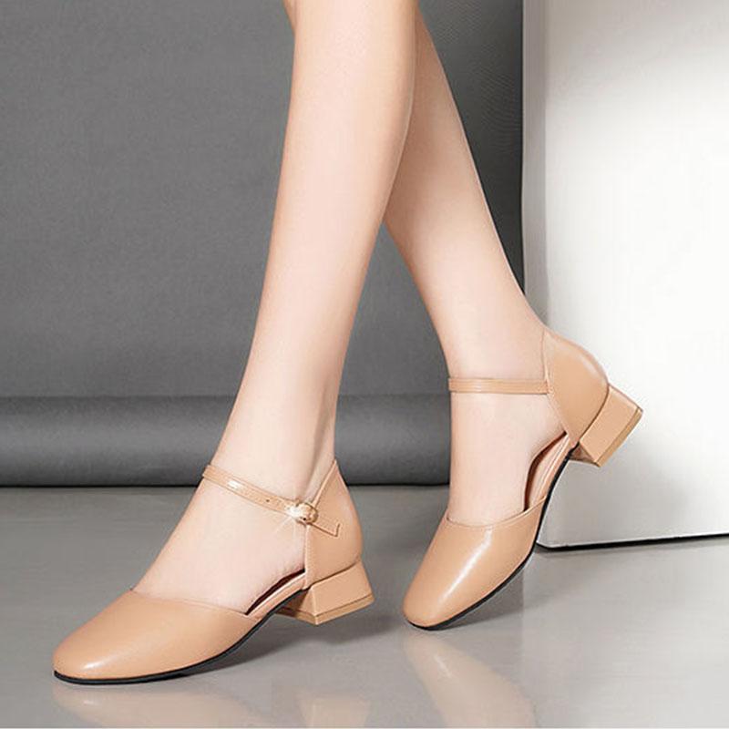 Elegant Low Heel Women's Shoes Casual Solid Color Pumps Baotou Ankle Buckle Sandals Work Shoes Pu Leather Chunky Heels Women