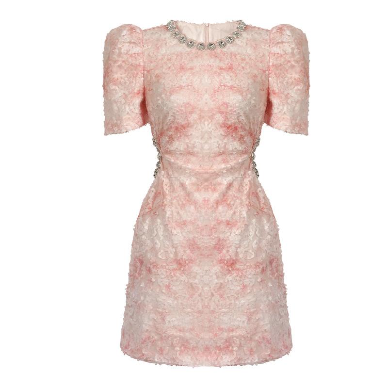 GMXIA Летнее платье First Love Sweet Temperant с бриллиантами и круглым вырезом в сетку с лепестками и румянами
