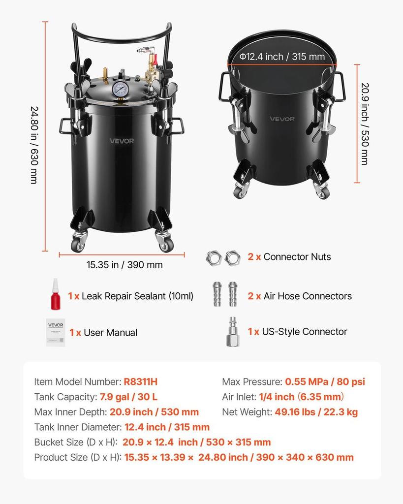 Pressure Pot Paint Tank, 30 L Heavy Duty Steel Pressure Pot Tank, Spray Paint Pressures Pots with Three Quick-Connect Couplers for Home Use, DIY, Art