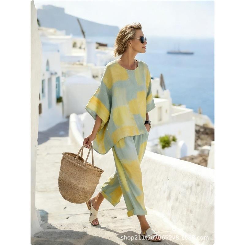 1116 New European and American Bohemian Printed Casual Suit Women's Crew Neck Short Sleeve Vacation Two-piece Set