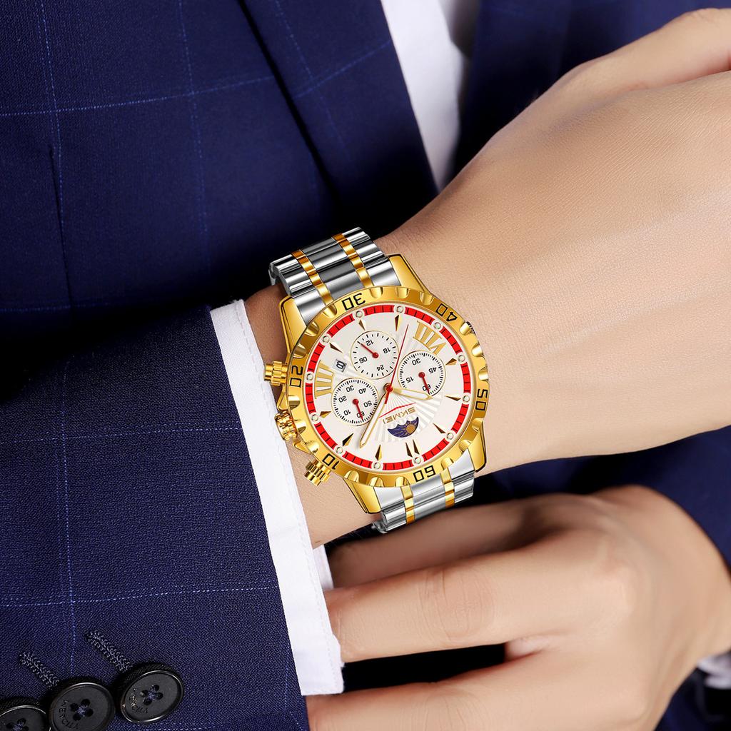 Роскошные золотые часы для мужчин, модные водонепроницаемые мужские наручные часы с фазами Луны, кварцевые мужские часы Relogio Masculino