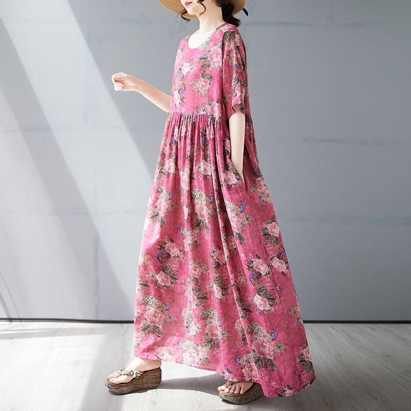Летнее новое простое богемное длинное платье, расширенное и увеличенное, с короткими рукавами и круглым вырезом, с принтом, женская одежда