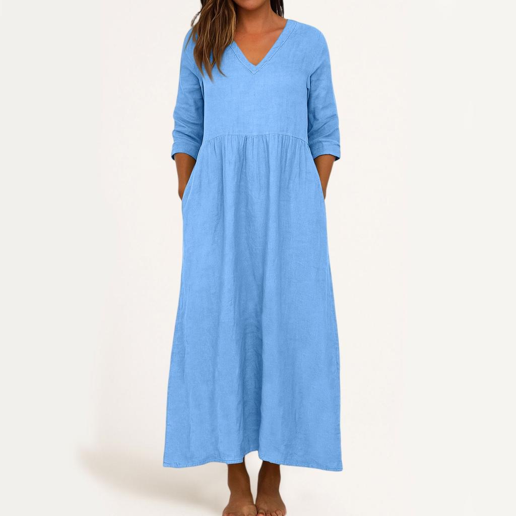 Dress For Women Long Boho Beach Dress Elegant Maxi Dress V-Neck 3/4 Sleeve Dress With Pockets