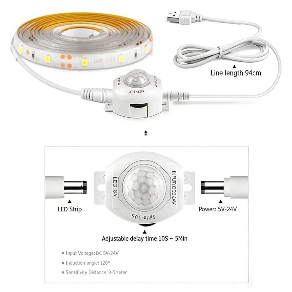 1M/2M/3M Strip Light 5V USB Under Cabinet Lighting PIR Motion Sensor Kitchen Wardrobe Led Tape Warm White Fast Setup Deco Room