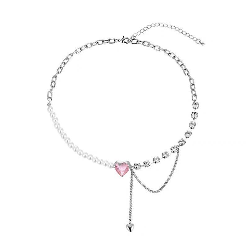 Ожерелье из розового циркония Love Splicing Pearl, женская легкая роскошная высококачественная цепочка на шею, милая нишевая дизайнерская цепочка на ключицу для женщин