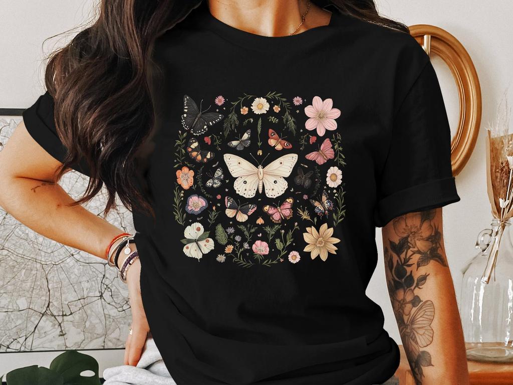 Cottagecore Butterfly T-Shirts, Floral T-Shirts, Nature Inspired T-Shirts, Aesthetic T-Shirts, Botanical Design
