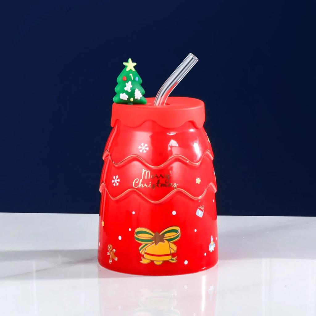 Christmas Creative Elk Snowman Ceramic Cup Creative Christmas Tree Cup with Lid Straw Gift Practical Cartoon Cup